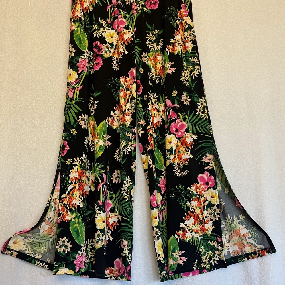 GILI Floral Print Black Italian‎ Palazzo Pants Pockets Wide Leg Slit Hem Boho L